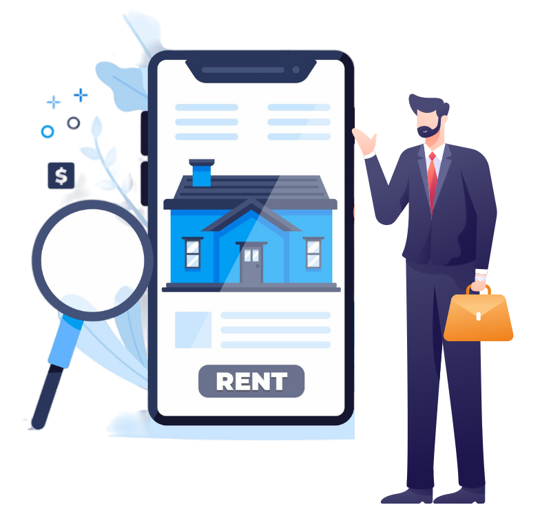 A man in a suit with a briefcase stands beside a smartphone showing a house listing