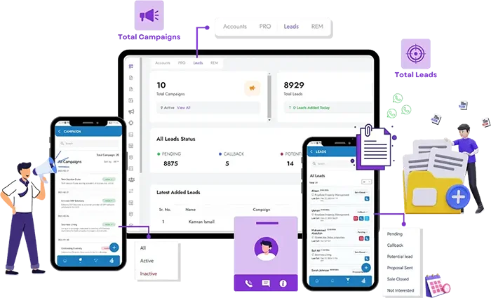 REM real estate CRM dashboard shown on tablet and mobile devices