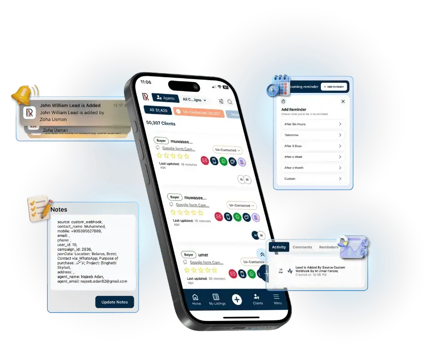 Mobile CRM screen for real estate lead management, showing lead statuses, contact options, and an email template popup. Includes status selector and bottom navigation tabs for quick access.