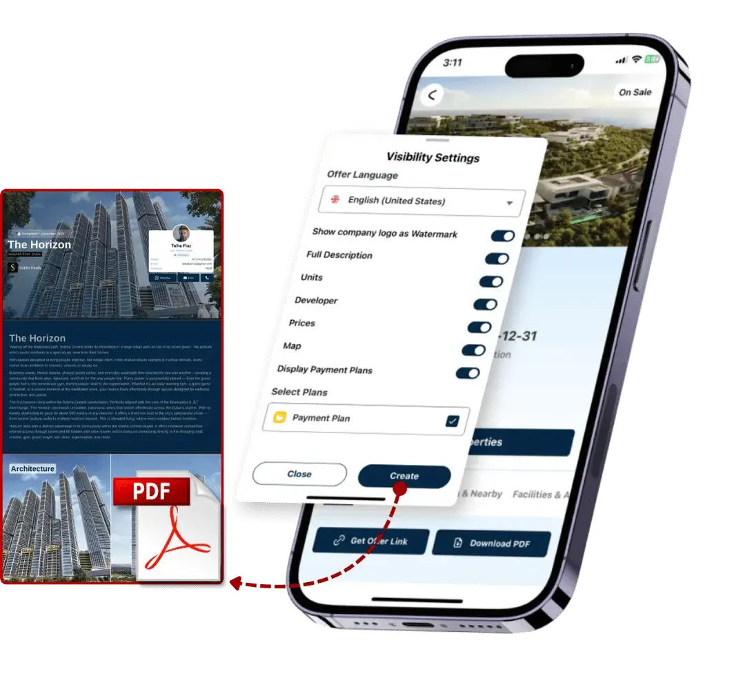 REM mobile app generating a branded real estate PDF proposal with visibility settings for language, currency, and project details.