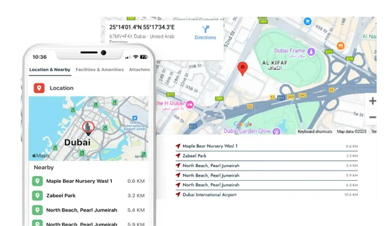 REM app map view of Dubai with nearby landmarks, transport links, and distance insights on mobile and desktop for off-plan location research.