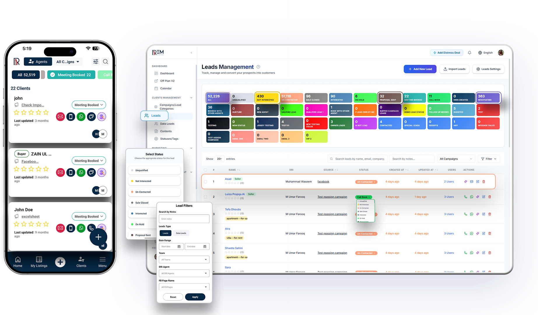 Split-screen view of a lead management platform: mobile lead list with contact options and web dashboard with lead details, status controls, and filters.
