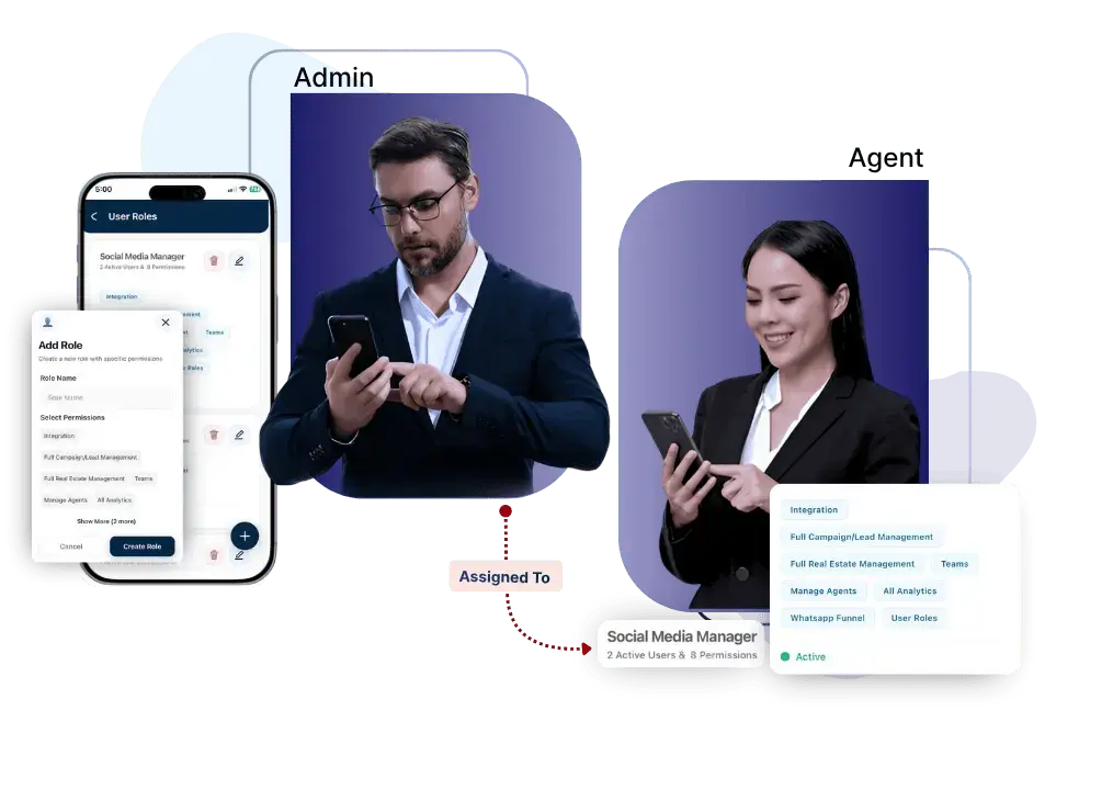 Mobile app screens showing a customized user roles feature, including a manager dashboard, an 'Add Role' screen with selectable permissions, and an agent profile page with editable role and permissions.